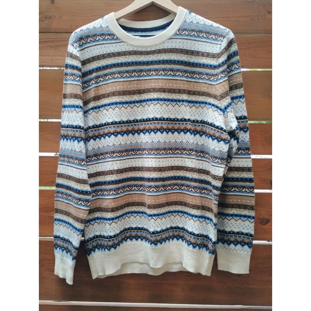 Club Room Mens Merino Wool Blend Fair Isle Crew Neck Sweater Medium Blue Brown